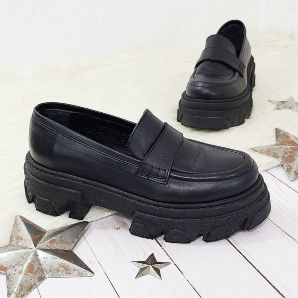 Alohas Trailblazer Chunky Loafers Black leather lug sole size 38 - Picture 2 of 6